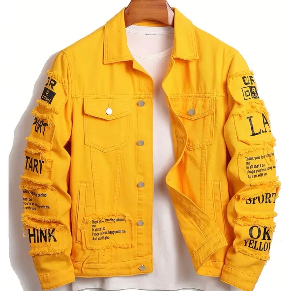 SHEIN Yellow Denim Jacket Distressed Patches Streetstyle Size M